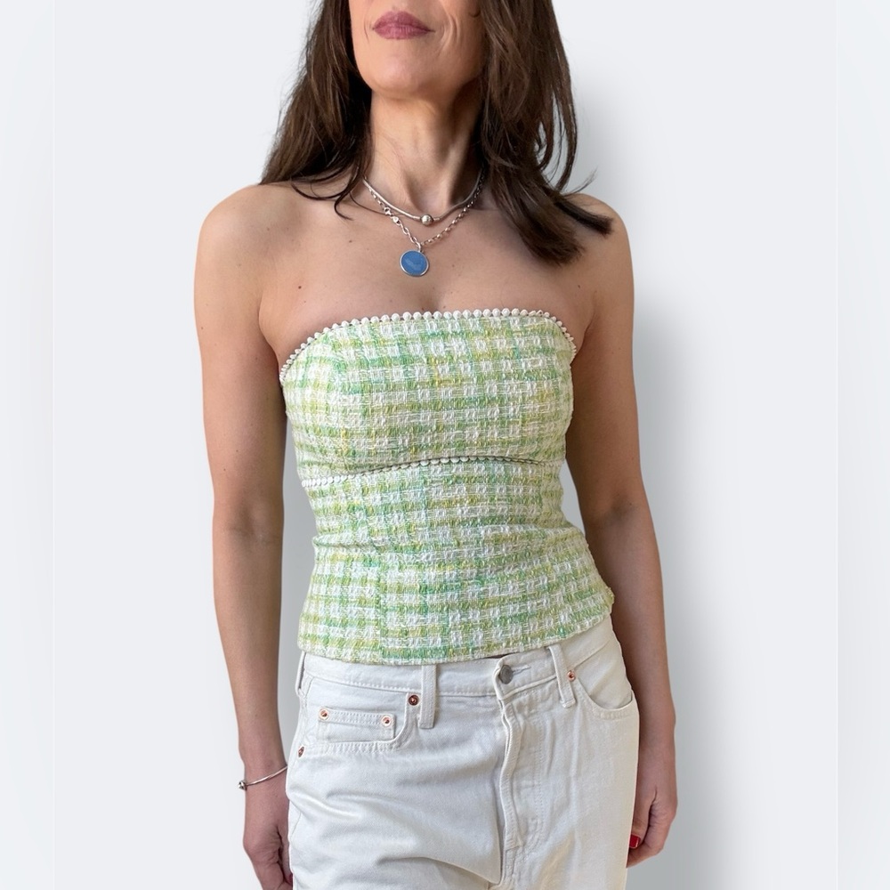 Lilly Pulitzer green and yellow tweed strapless top